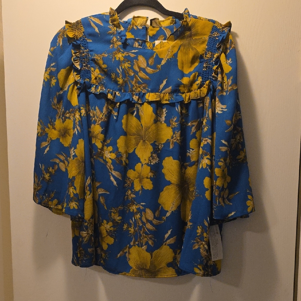Vibrant Floral Women's Blouse in Blue and Yellow
